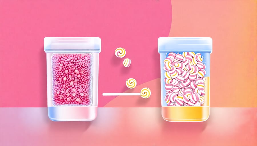 Conceptual illustration of freeze-drying processes applied to both candy and telecommunications technology.